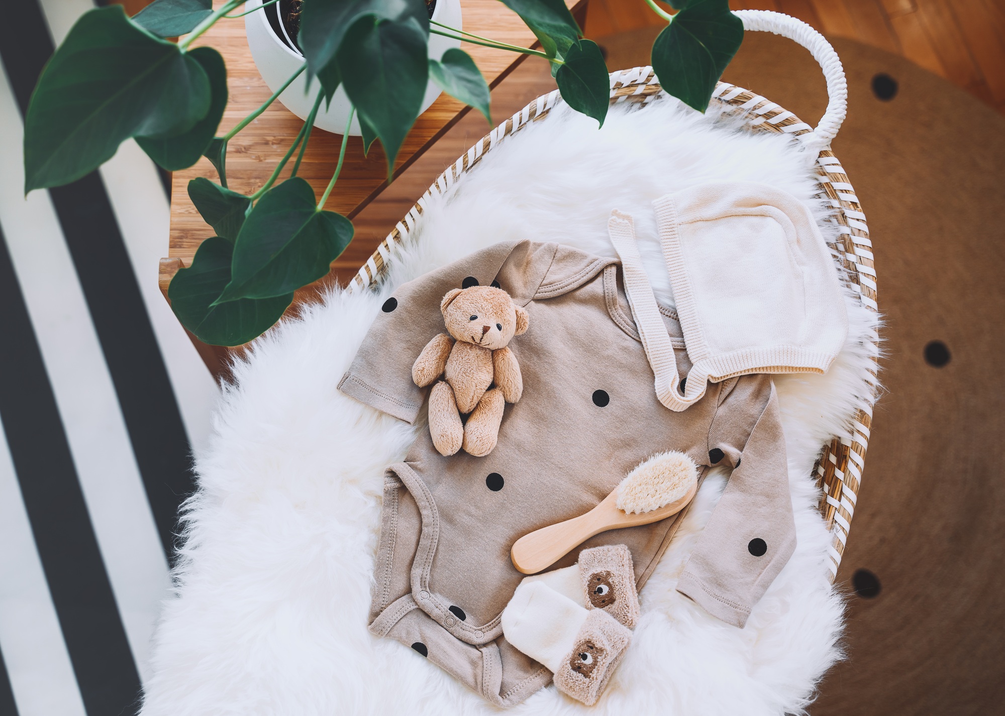 Still life background of child products in baby changing baske