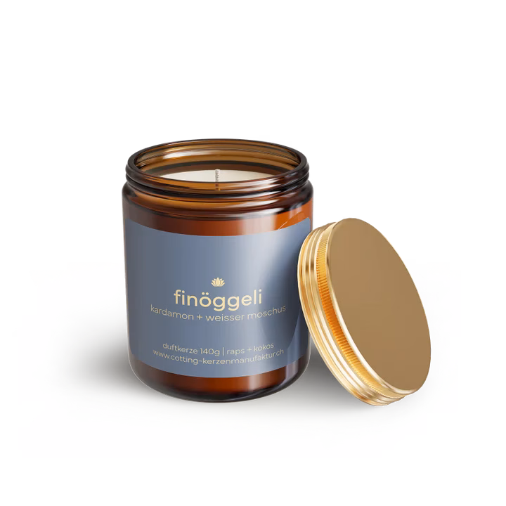Duftkerze Finöggeli mit Kardamon & weisser Moschus, Brenndauer 30 h