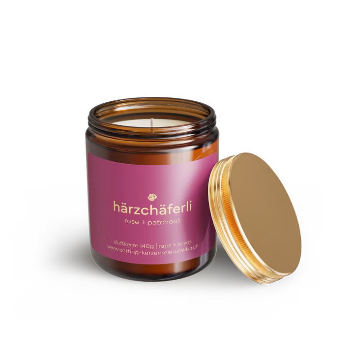 Duftkerze Härzchäferli mit Rose & Patchouli, Brenndauer 30 h
