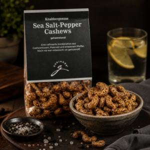 Cashewnüsse mit Meersalz und Pfeffer als Apéro Snack in Schale mit Gewürzen