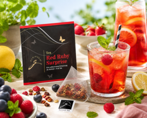 Bio Früchtetee Red Ruby Surprise 👉 Früchtetee als Eistee mit Beeren und Zitrone – Red Ruby Bio Tee im Sommer serviert
