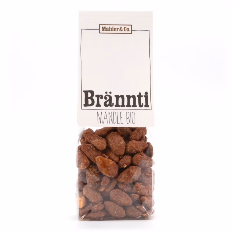 Gebrannte Mandeln – knusprig karamellisierte Mandeln in Bio-Qualität, süss-aromatischer Snack aus natürlichen Zutaten.