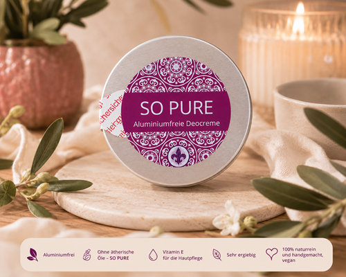 SO PURE – Aluminiumfreie Deocreme ohne ätherische Öle, 35 ml Natürliche aluminiumfreie Deocreme SO PURE in minimalistischer Atmosphäre