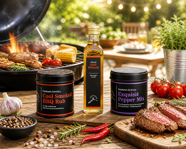 BBQ Genuss Set BBQ Set mit Olivenöl, BBQ Rub und Pfeffermischung beim Grillabend im Garten