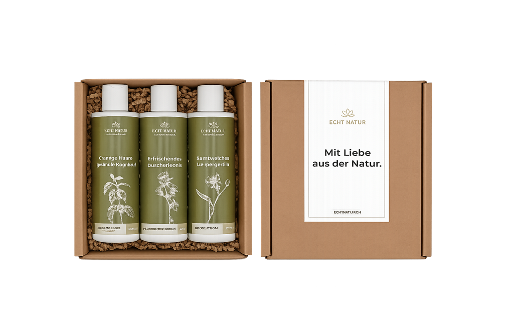 Naturkosmetik-Geschenkset – Natürlich von Kopf bis Fuss, 3-teilig ECHT NATUR Naturkosmetik Geschenkset mit Brennnessel-Shampoo, Wildkräuter-Duschgel und Bodylotion