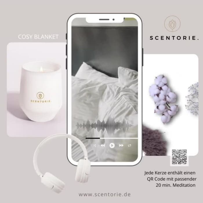 Duftkerze mit integrierter Meditation – COSY BLANKET, 300g QR-Code Meditation zur Scentorie COSY BLANKET Duftkerze