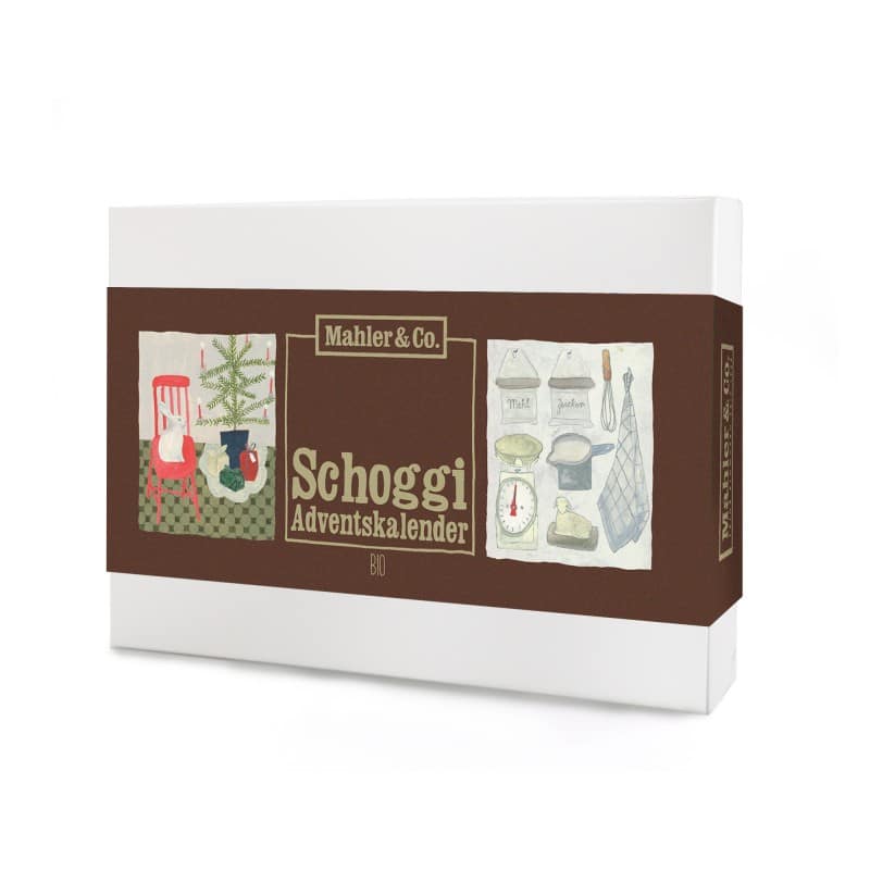 Bio Schoggi-Adventskalender von Mahler und Co mit 24 illustrierten Schokoladenpäckchen und 960 g Inhalt